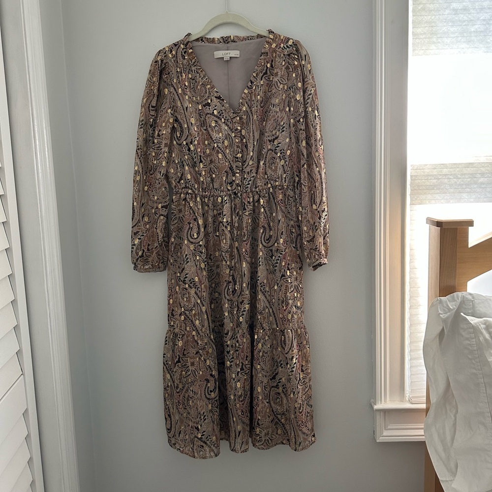LOFT Paisley Long Sleeve Dress - Brown and Cream with Gold accents